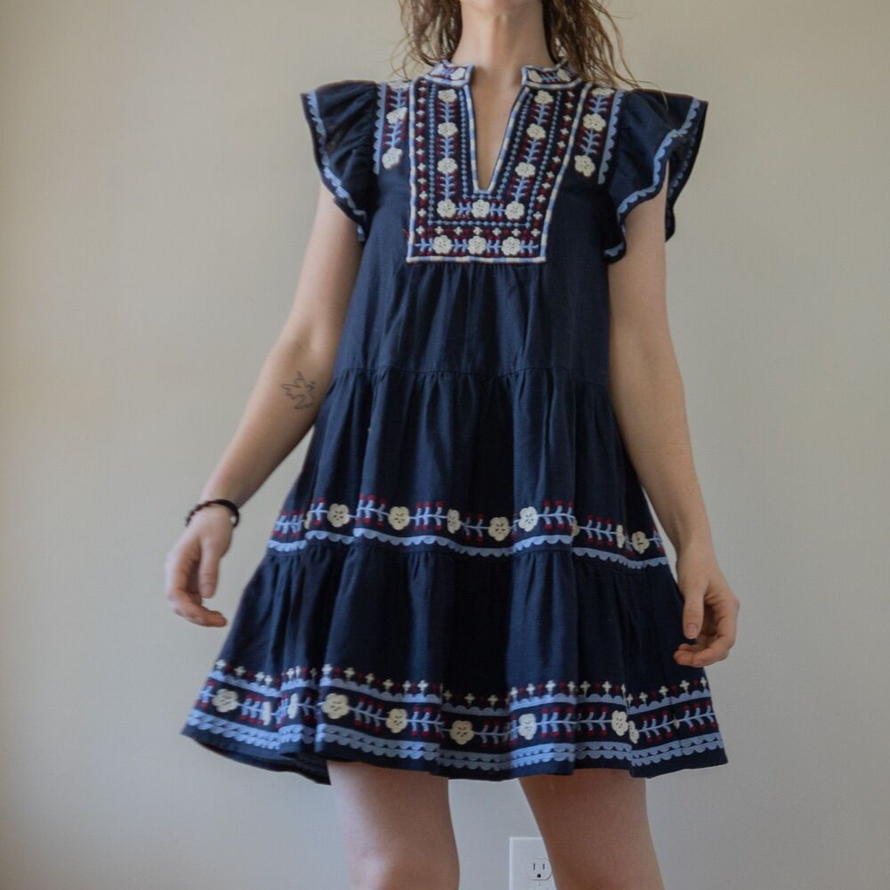 Navy Blue SEA Embroidered Ruffle Summer Shaina Flutter Fourth of July Mini Dress - Picture 3 of 10